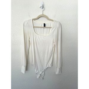 AYLA White Ribbed Square Neck Bodysuit Size Medium